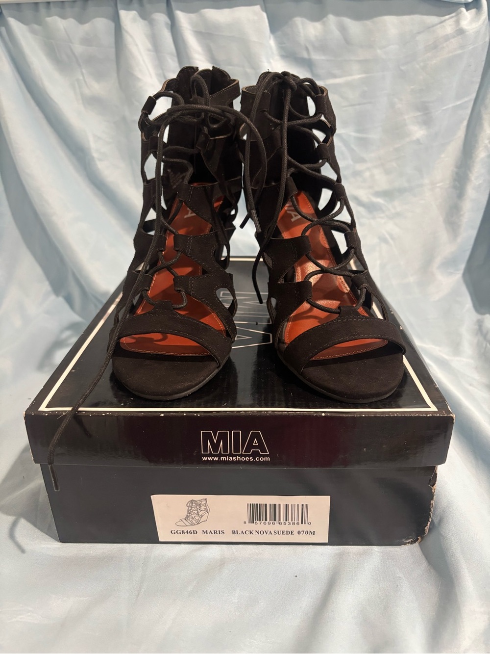 MIA Black Suede Cutout Lace-Up Wedge Sandals